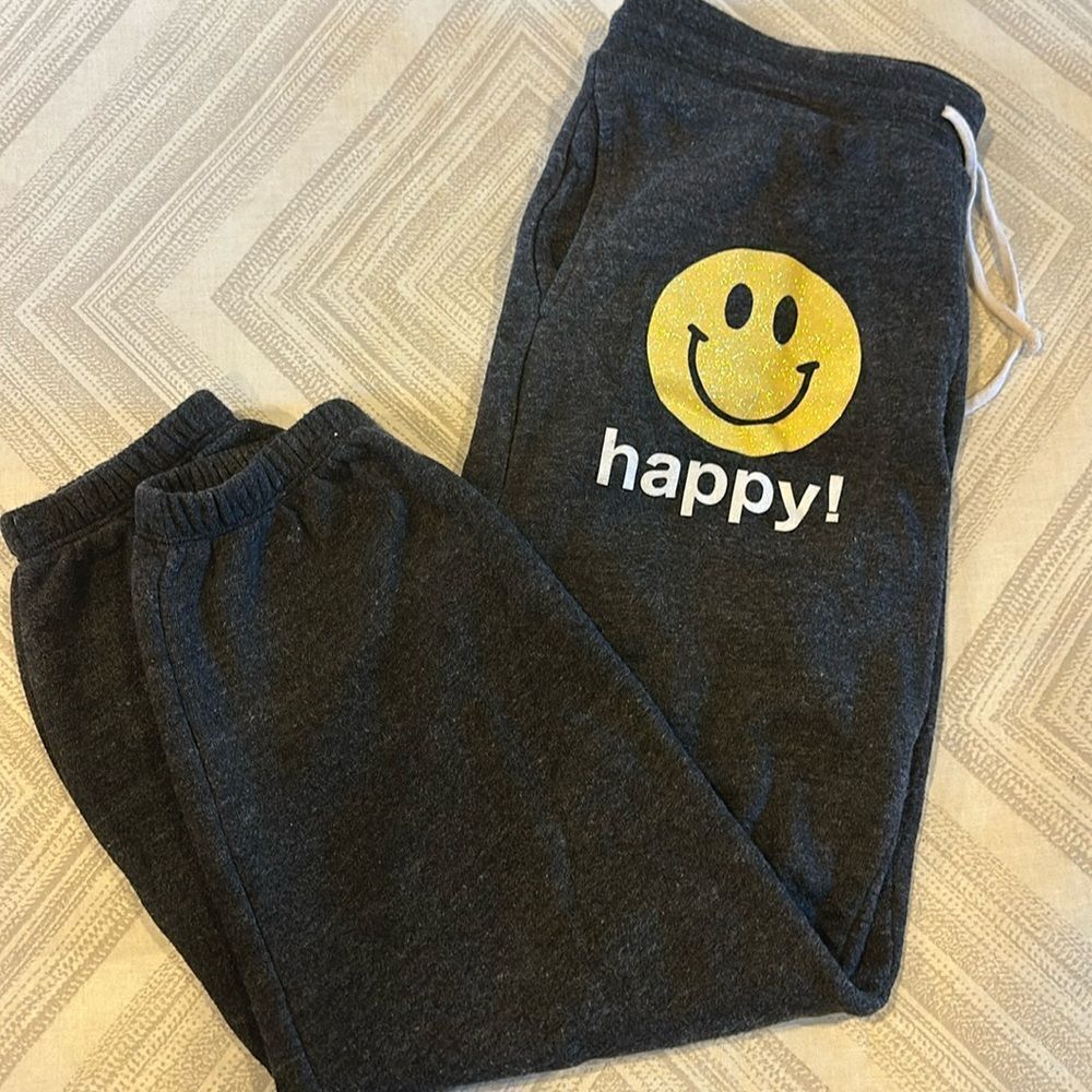 Hip Chik Couture Women’s Grey Sweatpants with Yellow Smiley Happy - Size L